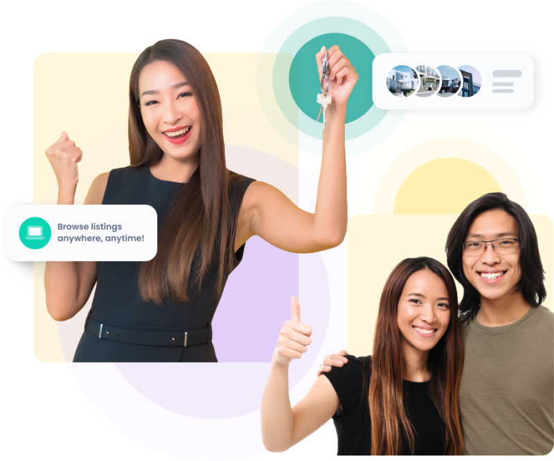 Happy people. Text: browse listings anywhere, anytime!